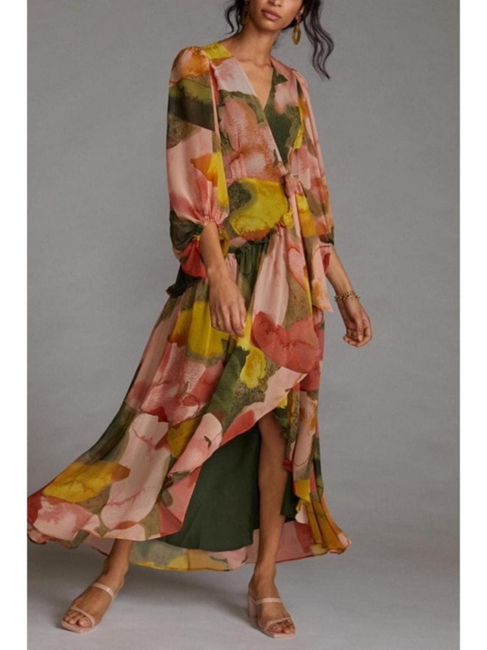 Anthropologie Abstract Wrap Dress — Orange, Yellow, Green, Pink, Cream